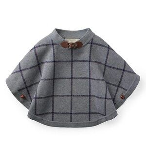 Hope & Henry Shawl Sweater Cape Plaid Windowpane Black Grey Organic Cotton Fall